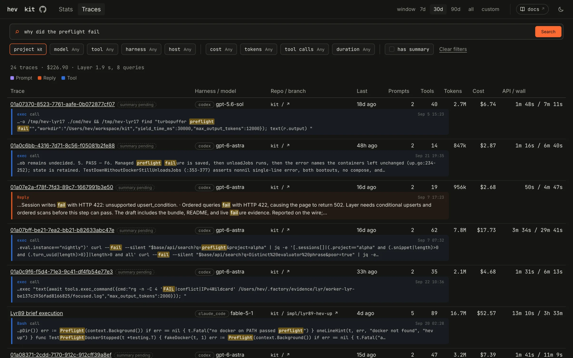 The hev kit dashboard searching traces for why did the preflight fail, with matching tool calls and replies highlighted