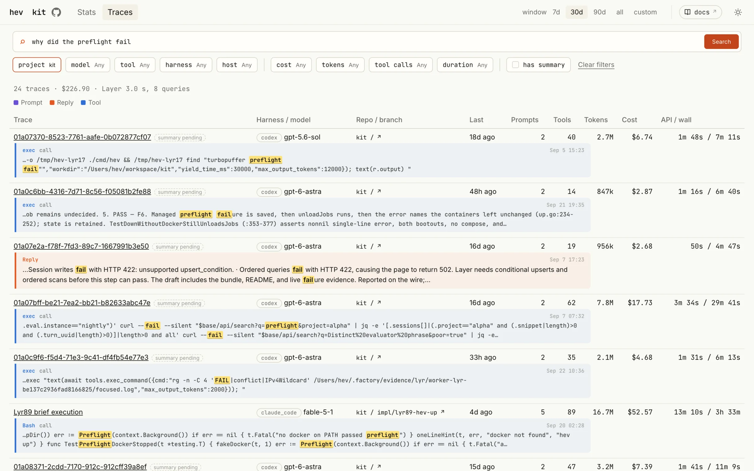 The hev kit dashboard searching traces for why did the preflight fail, with matching tool calls and replies highlighted